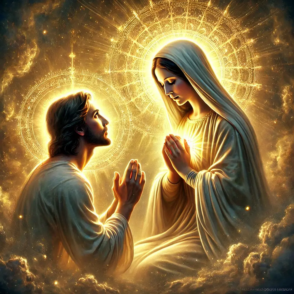 Mary kneeling in deep gratitude before Jesus, radiating love, devotion, and divine grace.