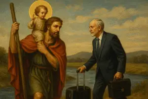 St Christopher watching over a older business traveler