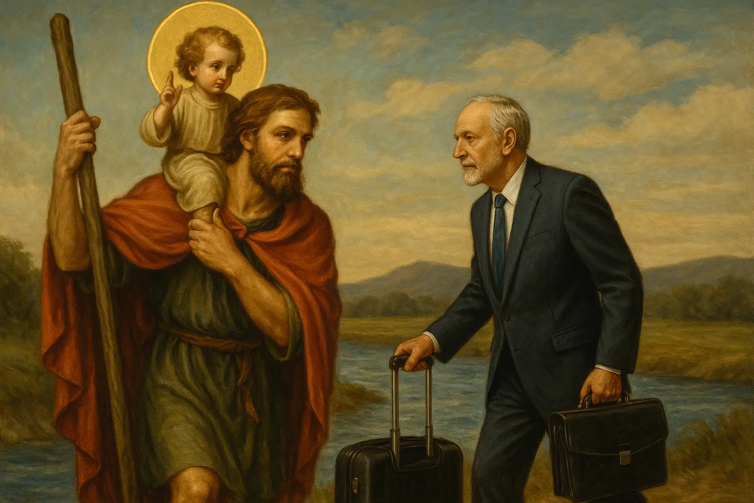 St Christopher watching over a older business traveler